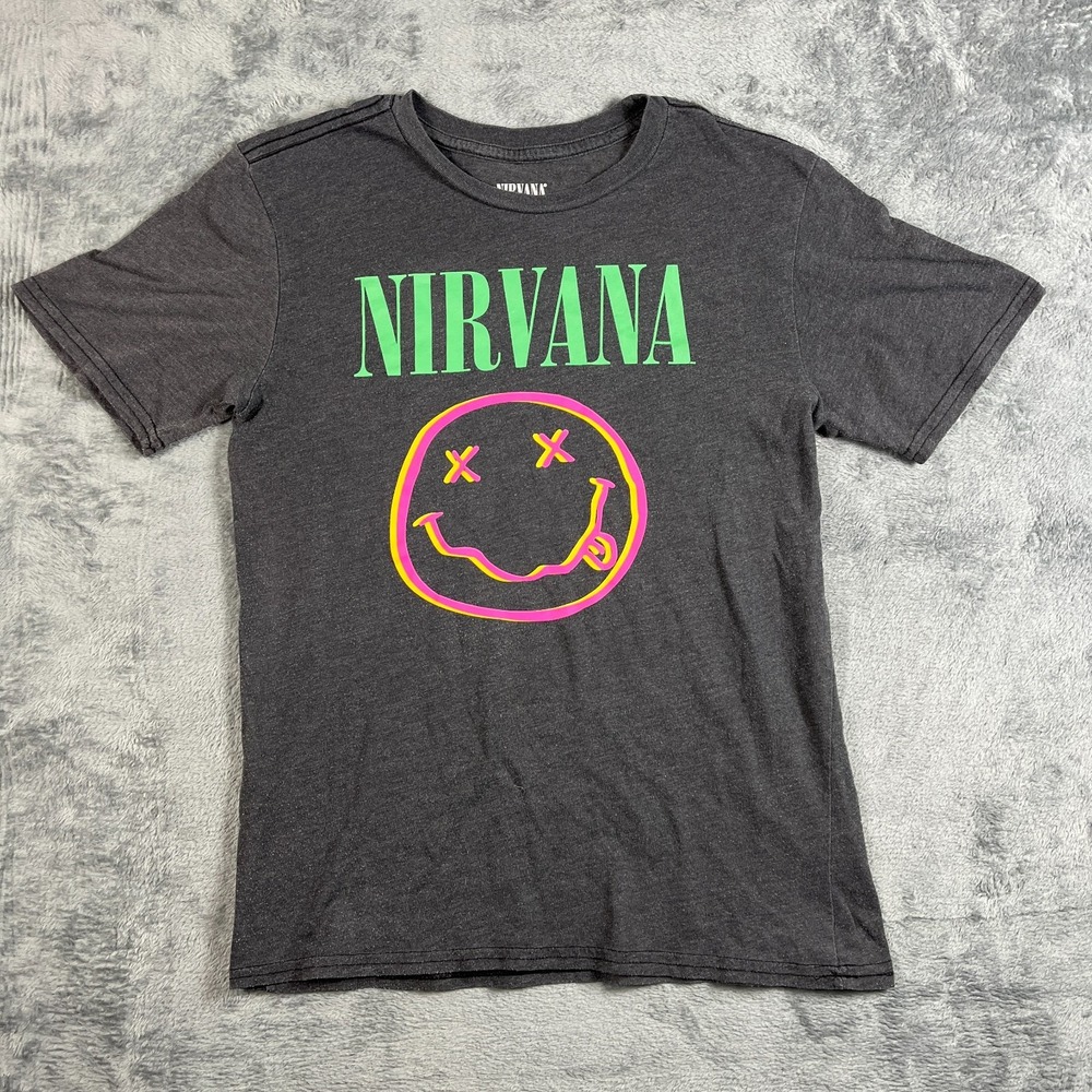 Nirvana T Shirt Boys 14-16 Black Smiley Face Graphic Print Cotton Short Sleeve